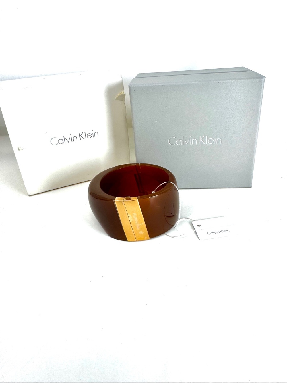 NWT Calvin Klein Visionary Hinged Resin Bangle Bracelet – Amber Brown & Gold